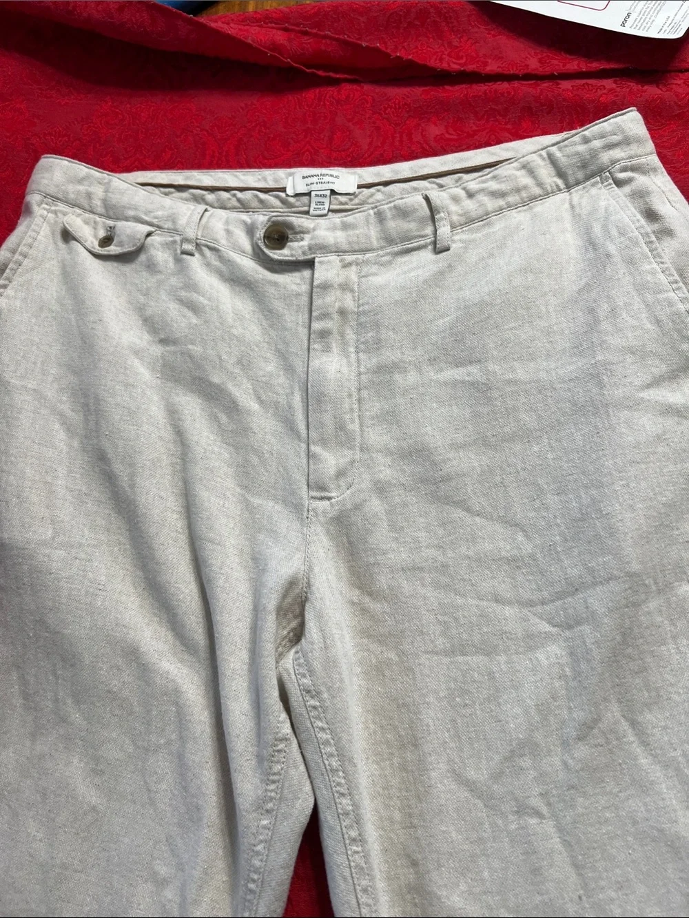 Banana Republic Slim Straight Linen Blend Pants Beige Tan 36x32 Hemmed 29 Inseam